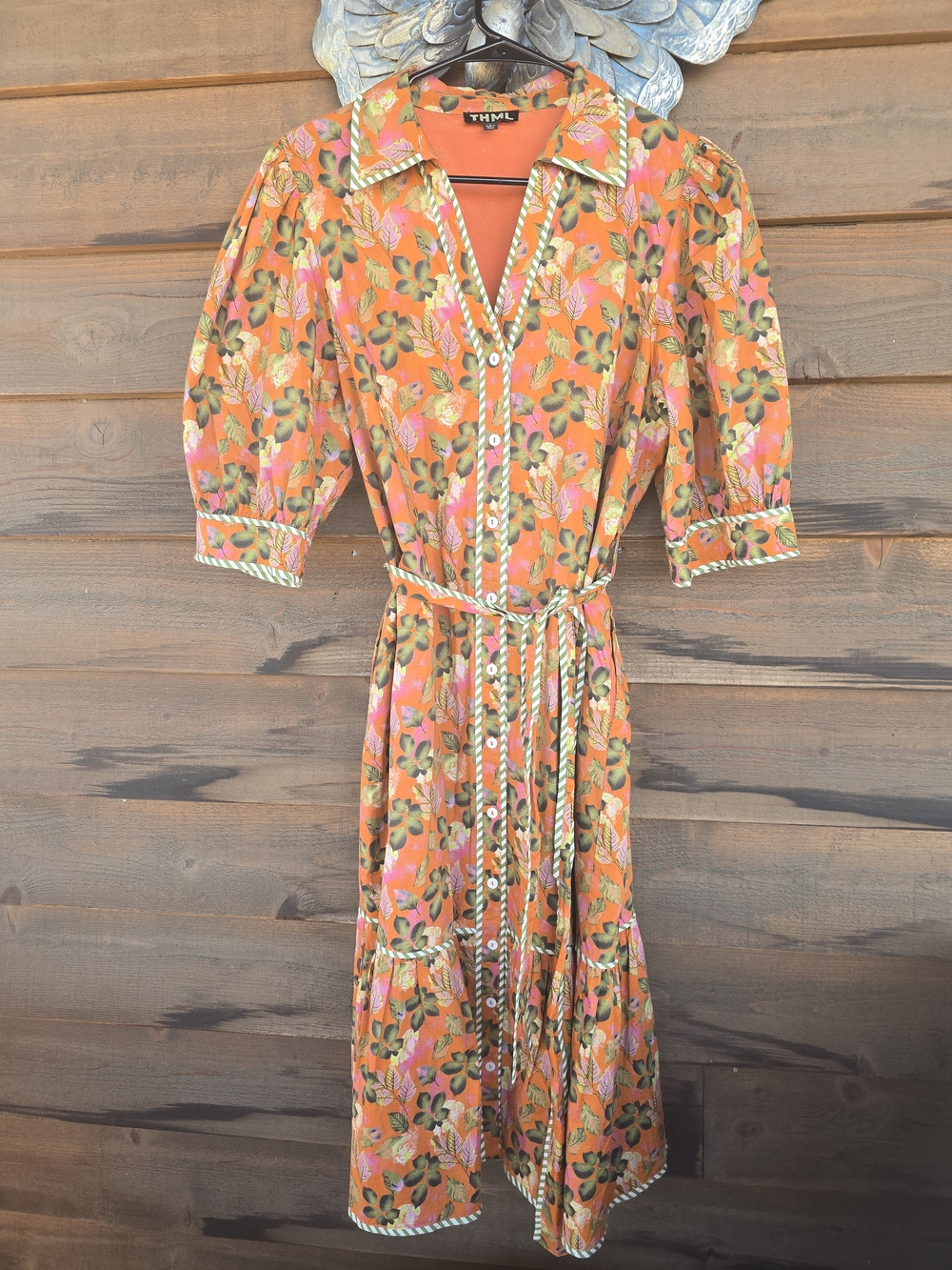 EUC THML Brinley Orange Floral Button-Front Belted Midi Dress Sz L
